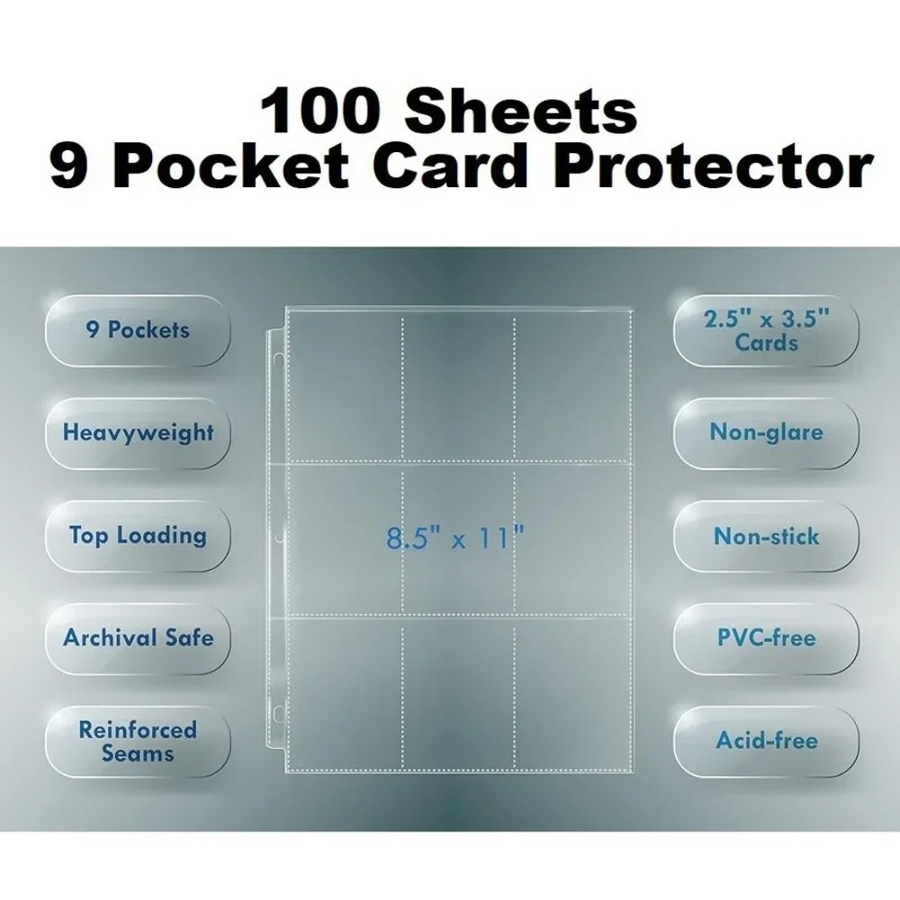 100 Count Clear Trading Card Sleeve Pages 9 Pockets Per Sheet 900 Pockets 3 Ring